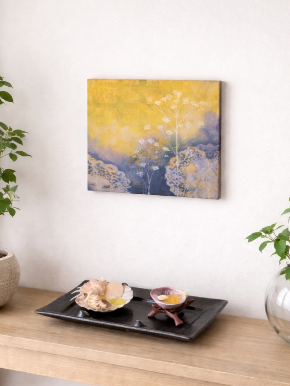 Coastal & Floral Zen Decor Set | Art  w/Natural Sea Shells & Tray